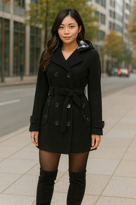 Doppelreihiger Mantel mit Gürtel und Kapuze für Damen