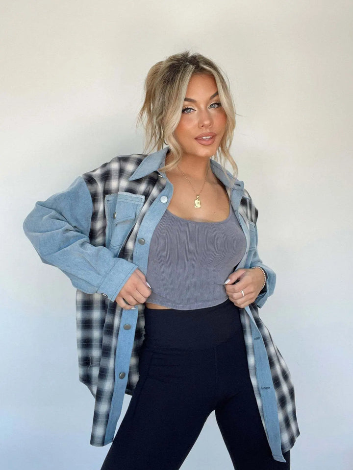 Karierte Jeansbluse mit Knopfleiste für Frauen Mivona