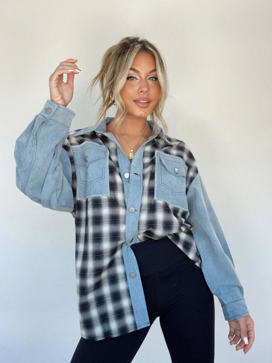 Karierte Jeansbluse mit Knopfleiste für Frauen Mivona