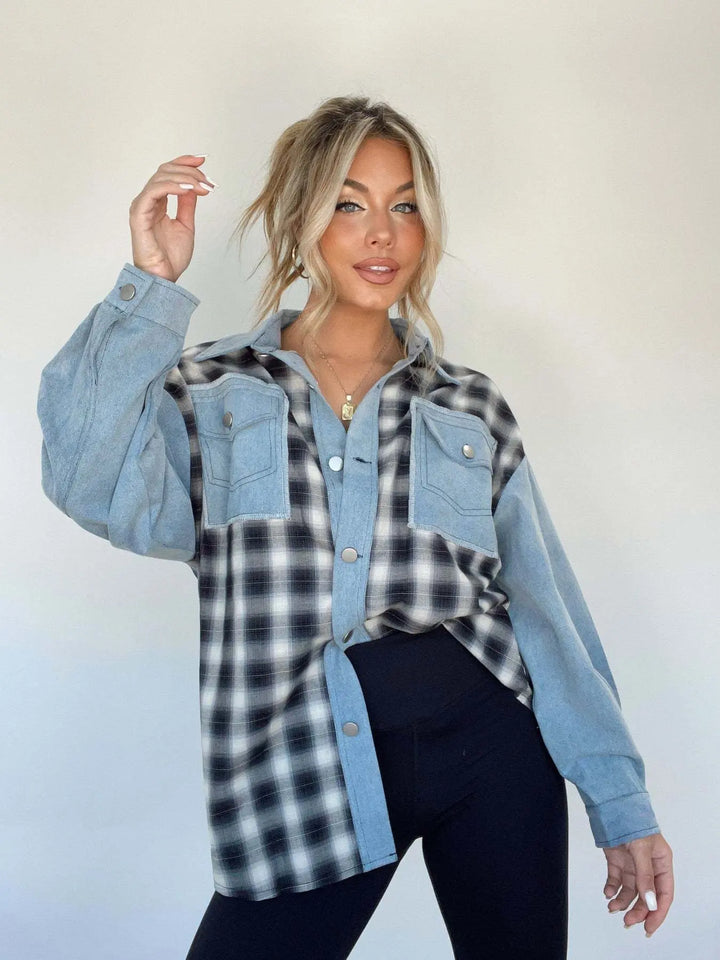 Karierte Jeansbluse mit Knopfleiste für Frauen Mivona