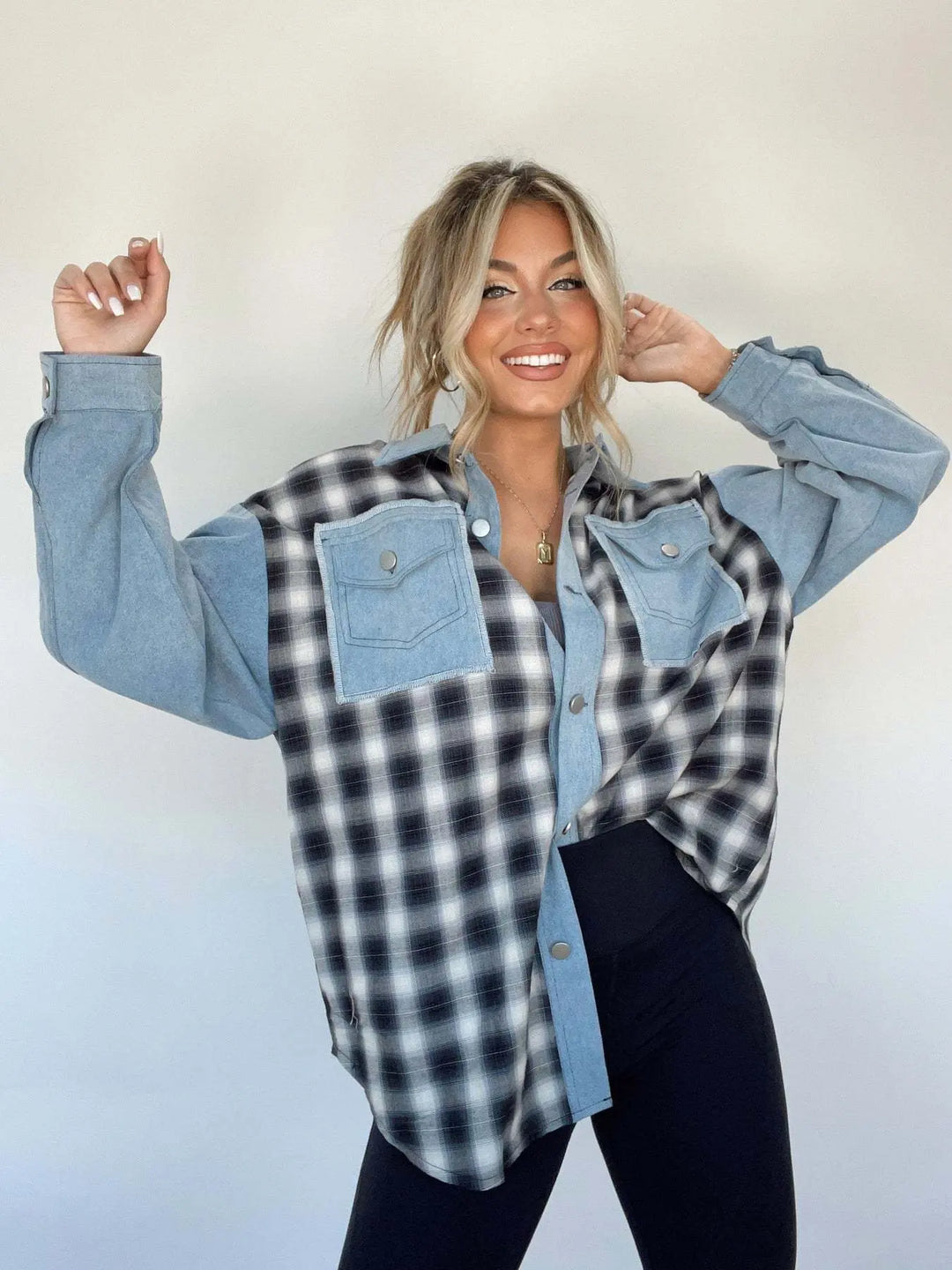 Karierte Jeansbluse mit Knopfleiste für Frauen Mivona