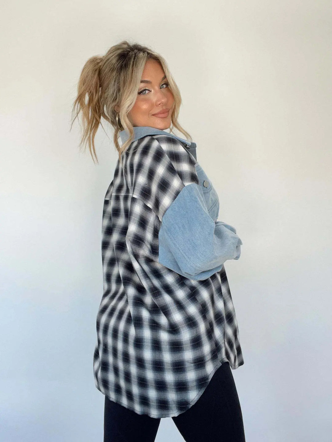 Karierte Jeansbluse mit Knopfleiste für Frauen Mivona