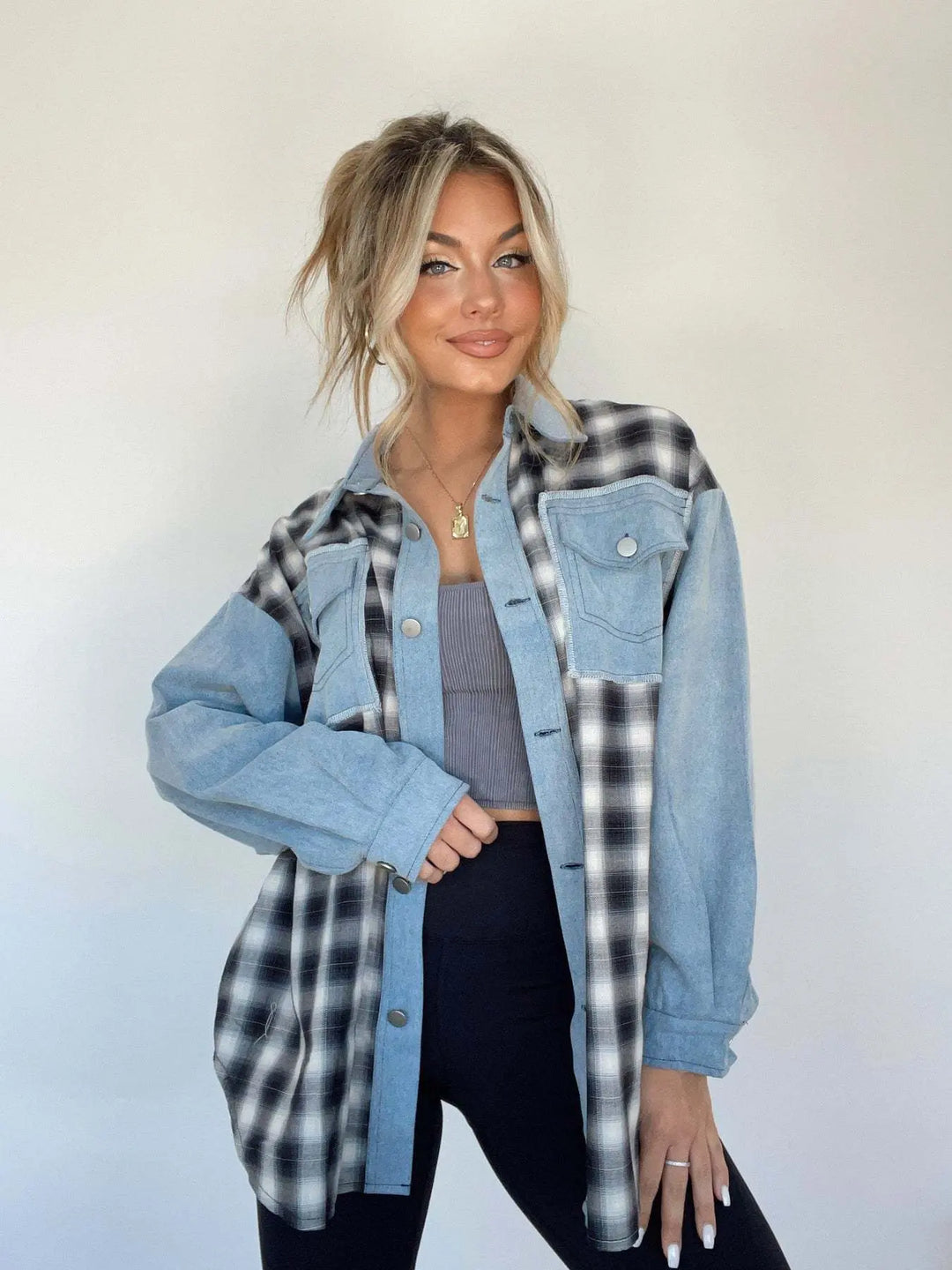 Karierte Jeansbluse mit Knopfleiste für Frauen Mivona