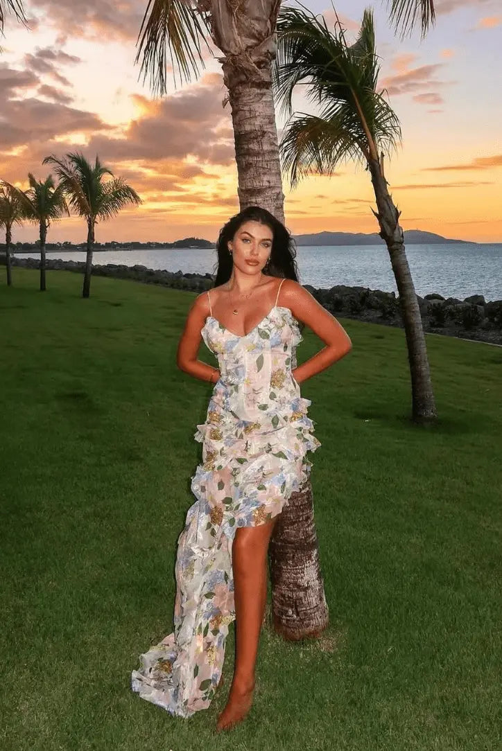 Weißes Kleid Mit Blattmuster Und Rüschen Für Frauen Mivona
