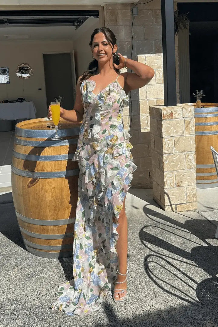 Weißes Kleid Mit Blattmuster Und Rüschen Für Frauen Mivona