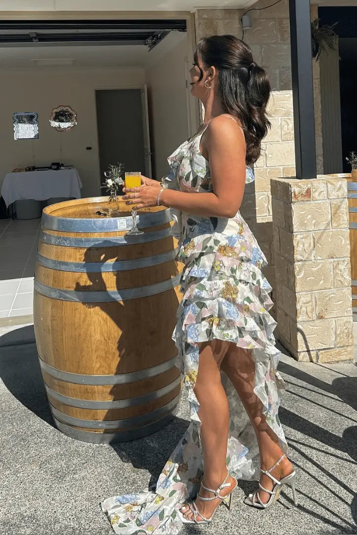 Weißes Kleid Mit Blattmuster Und Rüschen Für Frauen Mivona