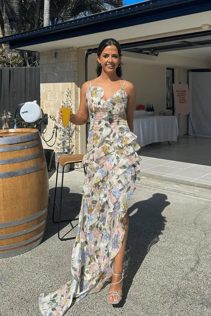 Weißes Kleid Mit Blattmuster Und Rüschen Für Frauen Mivona