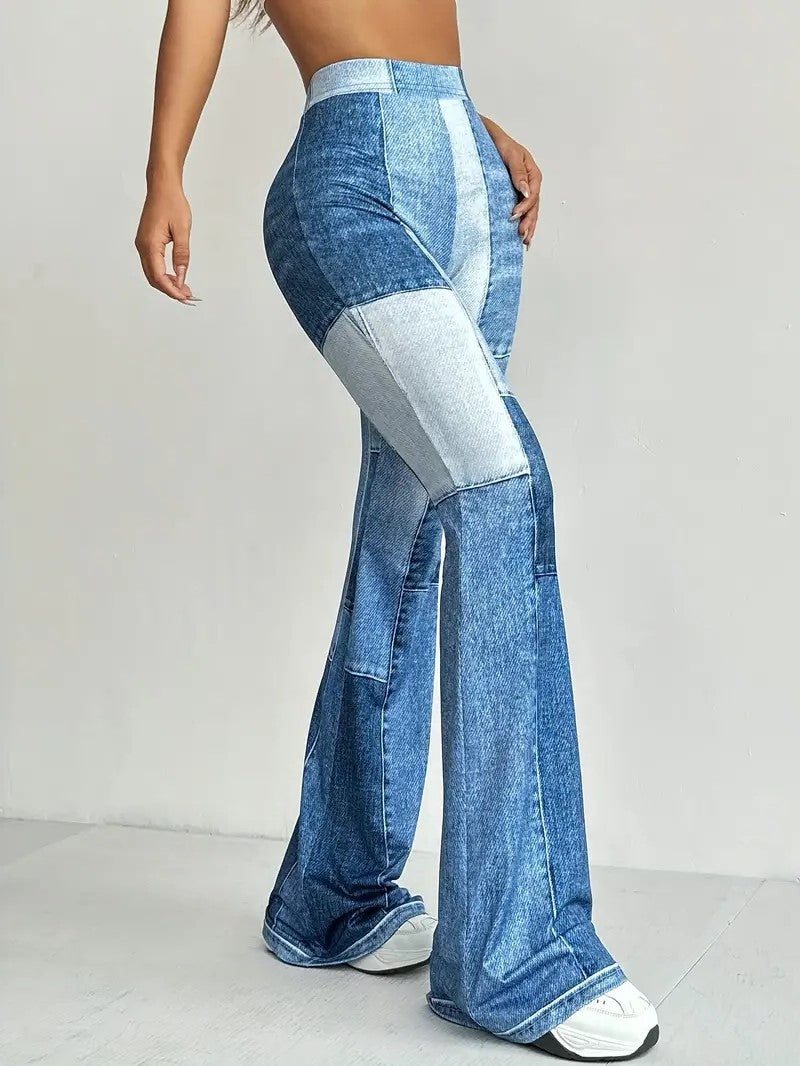 High-Waist Schlaghose mit Denim-Print für Damen