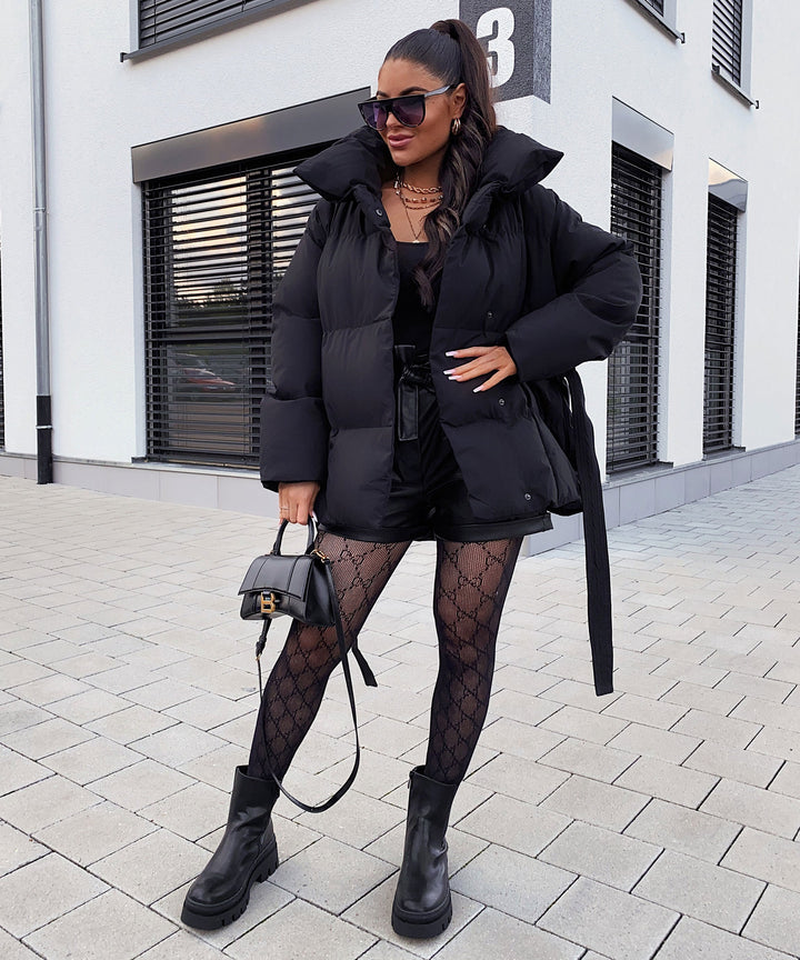 Gesteppte Jacke mit Gürtel und Hohem Kragen für Winter Damen