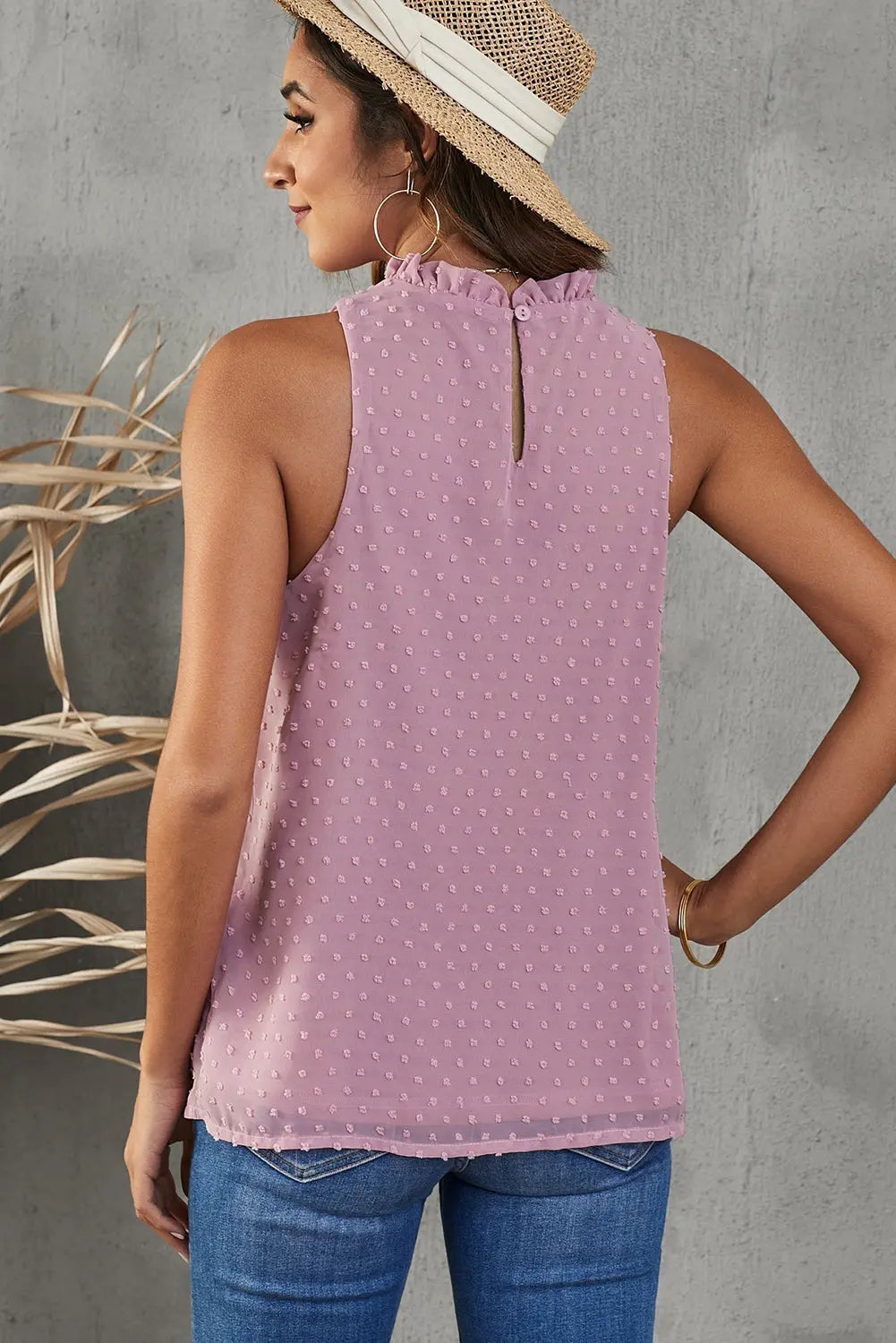 Rosa Swiss Dot Rüschen-Tanktop mit verspielter Eleganz Für Frauen Mivona