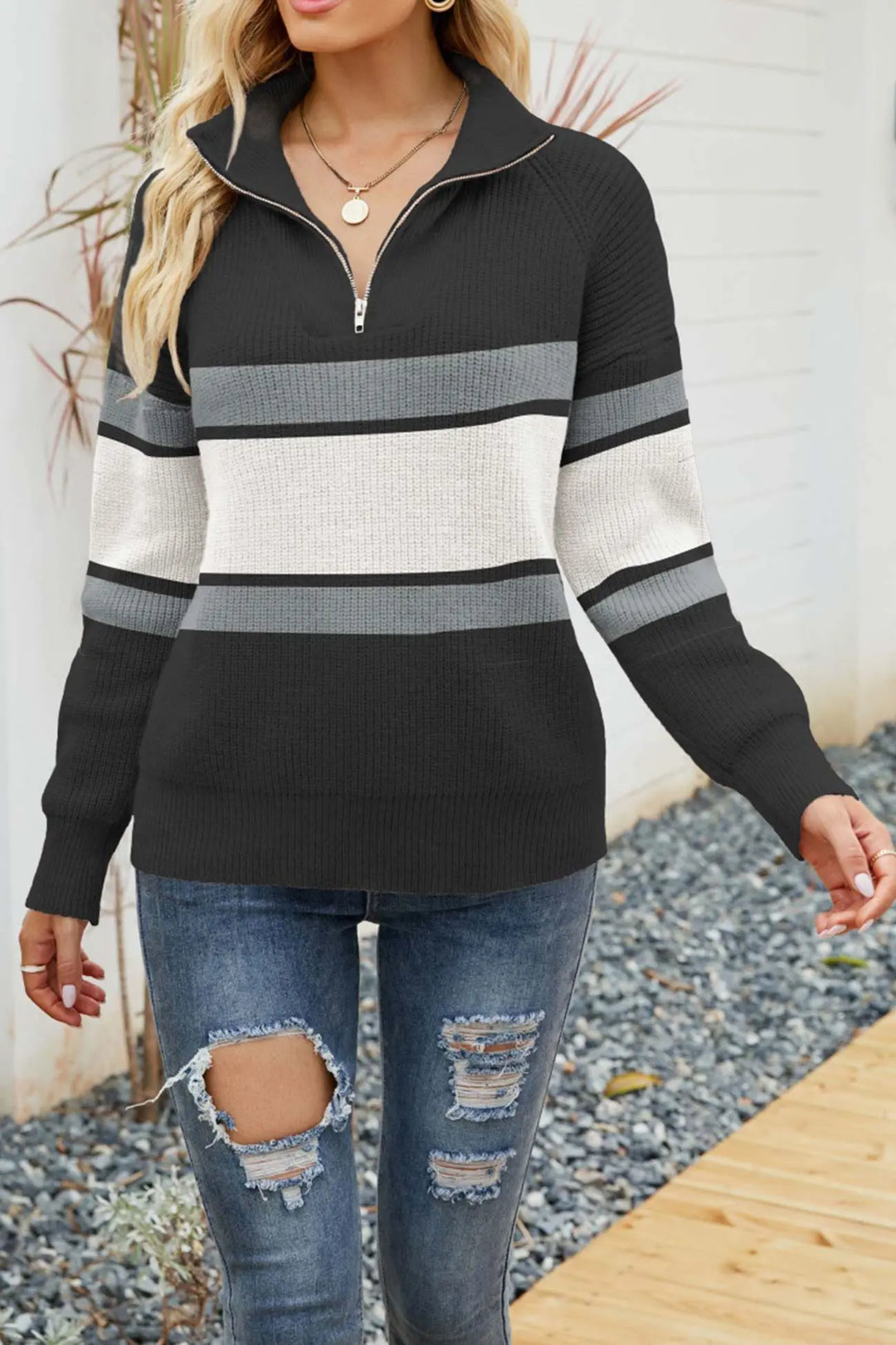 Gestreifter Zipper-Kragen-Pullover Für Mühelose Modernen Touch Für Frauen Mivona