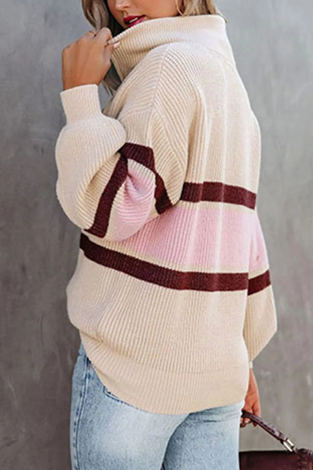 Gestreifter Zipper-Kragen-Pullover Für Mühelose Modernen Touch Für Frauen Mivona