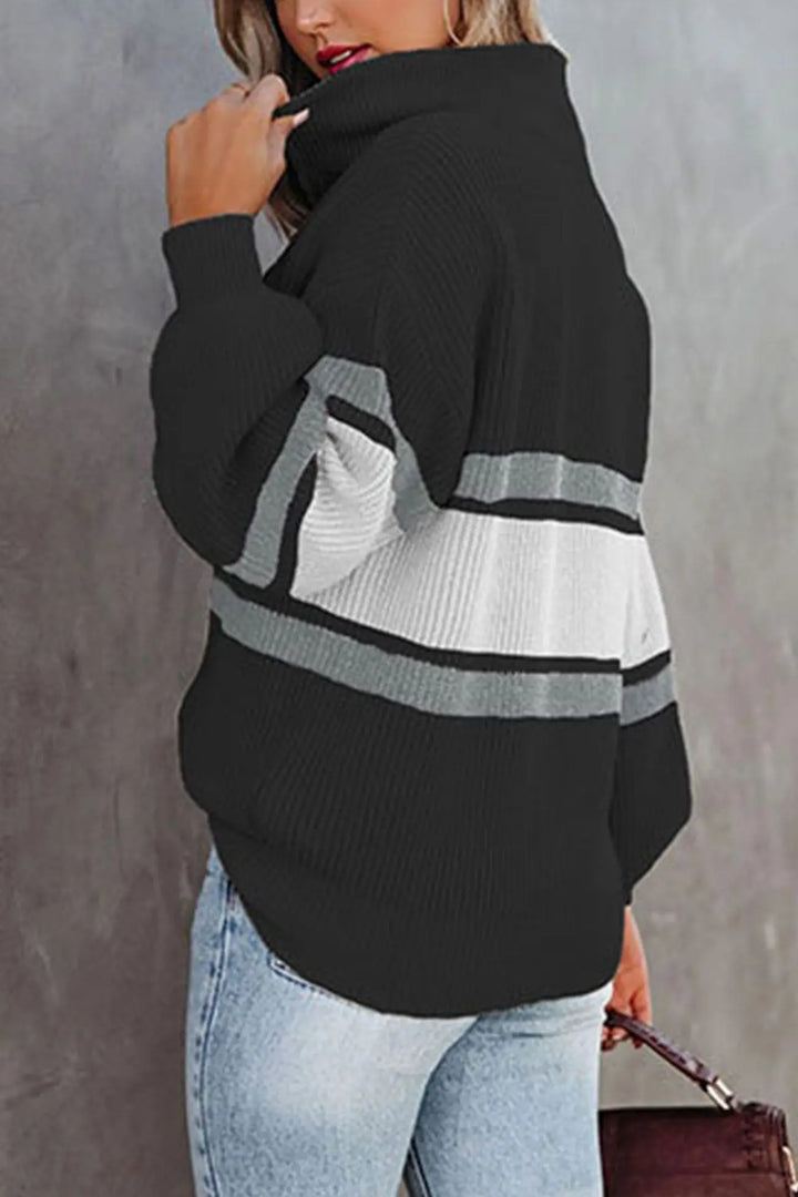 Gestreifter Zipper-Kragen-Pullover Für Mühelose Modernen Touch Für Frauen Mivona