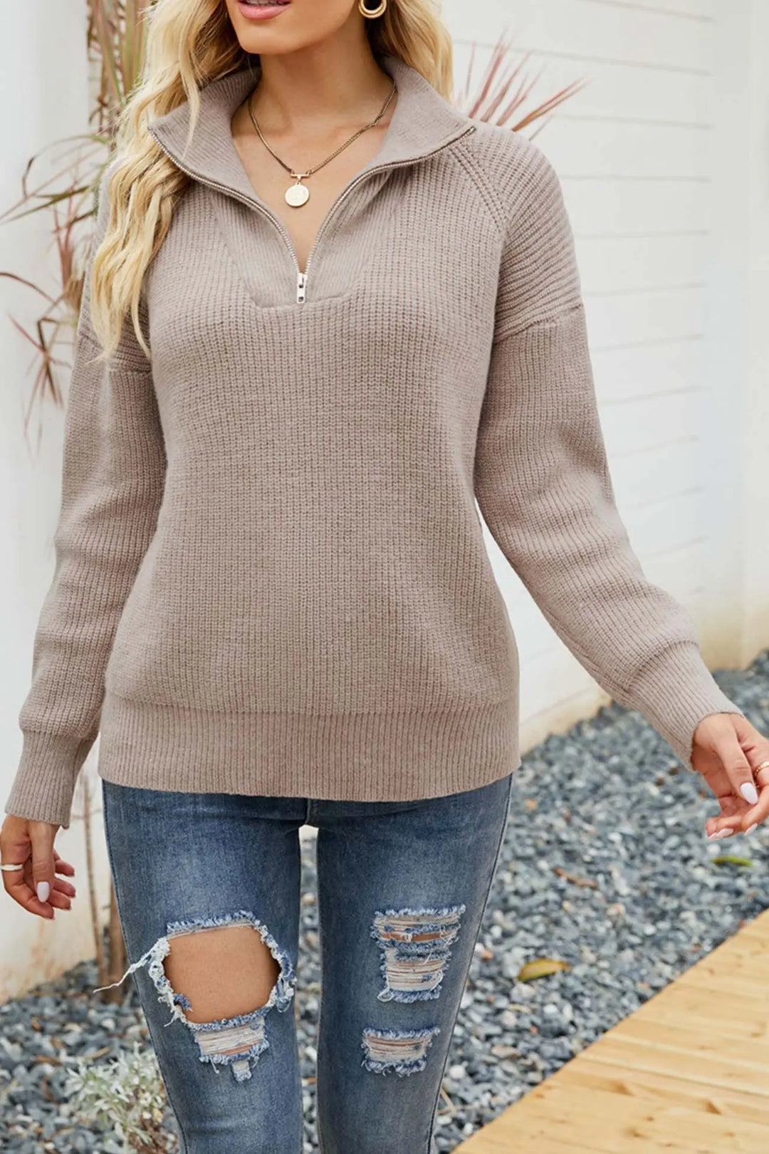 Gestreifter Zipper-Kragen-Pullover Für Mühelose Modernen Touch Für Frauen Mivona