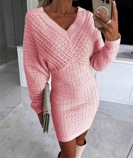 Strickkleid Mit V-Ausschnitt Und Langarm Für Frauen Mivona