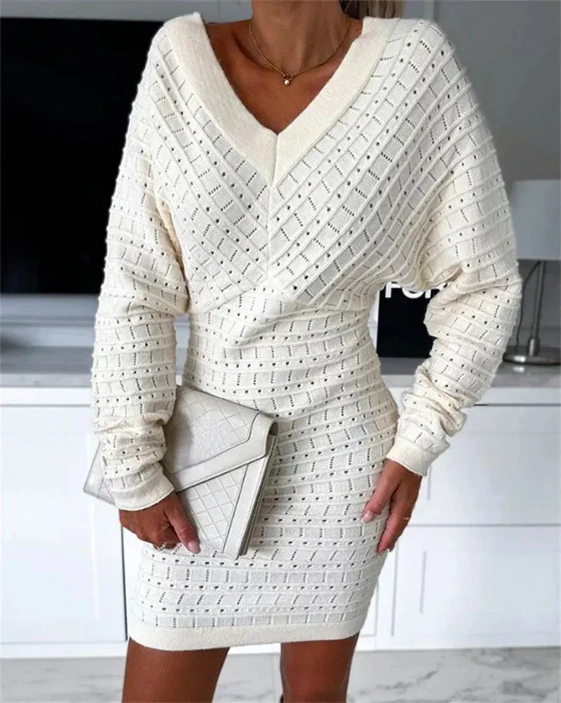 Strickkleid Mit V-Ausschnitt Und Langarm Für Frauen Mivona