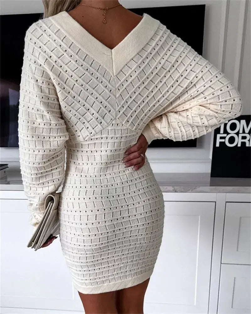 Strickkleid Mit V-Ausschnitt Und Langarm Für Frauen Mivona