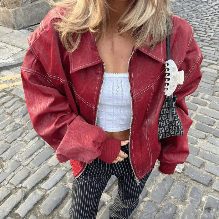 Oversized Vintage Jacke im Leder Look Für Frauen Mivona