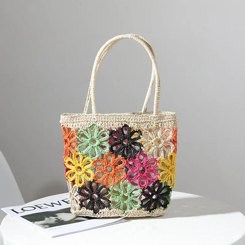Schultertasche aus Stroh mit Blumenverzierung für Frauen Mivona