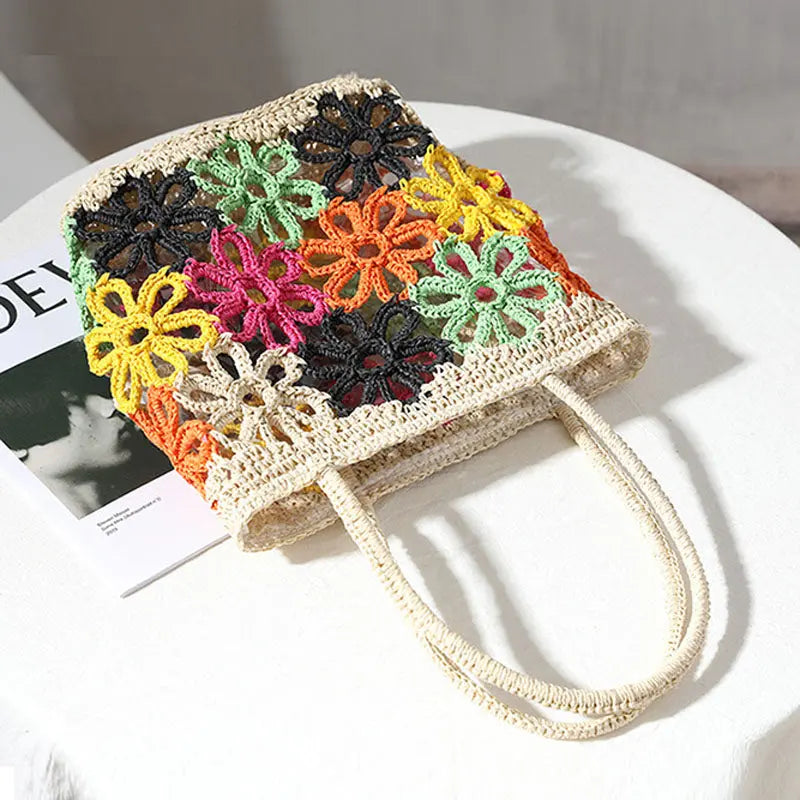 Schultertasche aus Stroh mit Blumenverzierung für Frauen Mivona