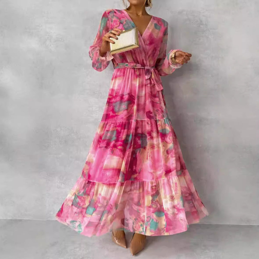 Maxikleid mit V Ausschnitt und Gürtel Taille für Frauen Mivona