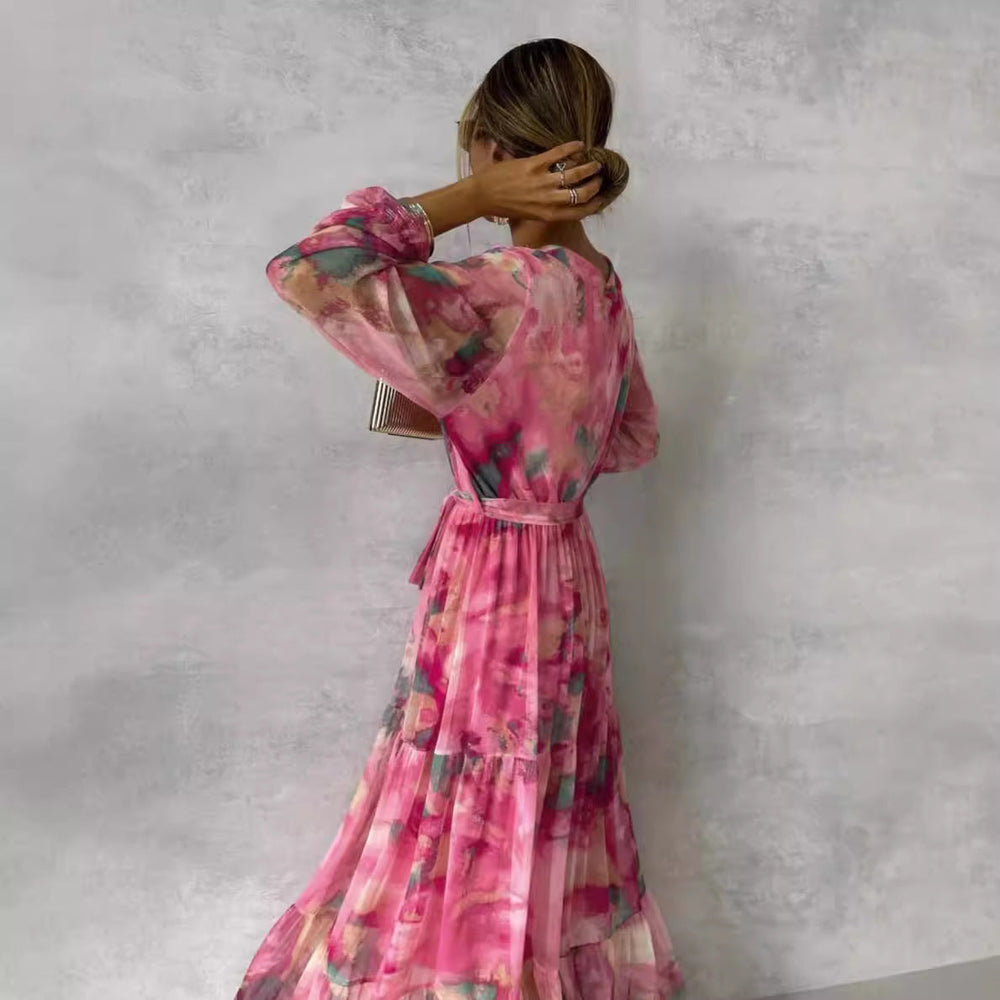 Maxikleid mit V Ausschnitt und Gürtel Taille für Frauen Mivona