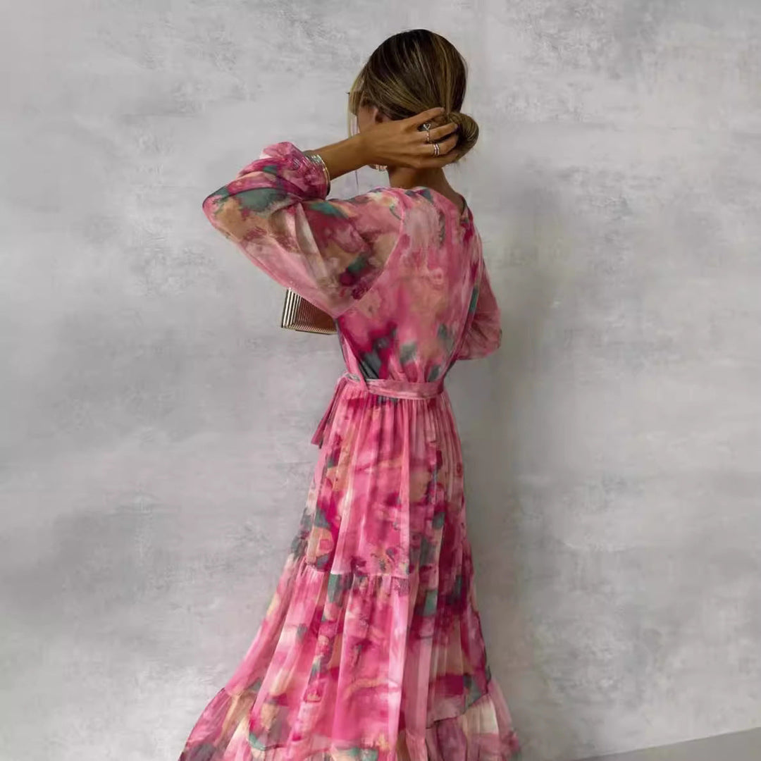 Maxikleid mit V Ausschnitt und Gürtel Taille für Frauen Mivona
