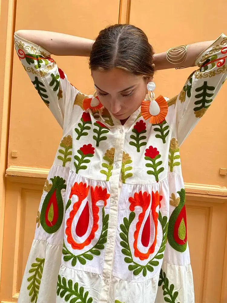Besticktes Maxikleid im Boho Chic mit weicher Baumwollmischung für Frauen Mivona
