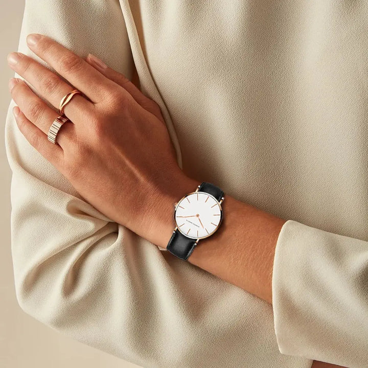 Runde Zeitlose Minimalistische Uhr mit Lederarmband Für Frauen Mivona
