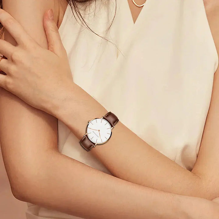 Runde Zeitlose Minimalistische Uhr mit Lederarmband Für Frauen Mivona