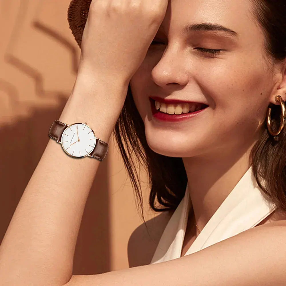 Runde Zeitlose Minimalistische Uhr mit Lederarmband Für Frauen Mivona