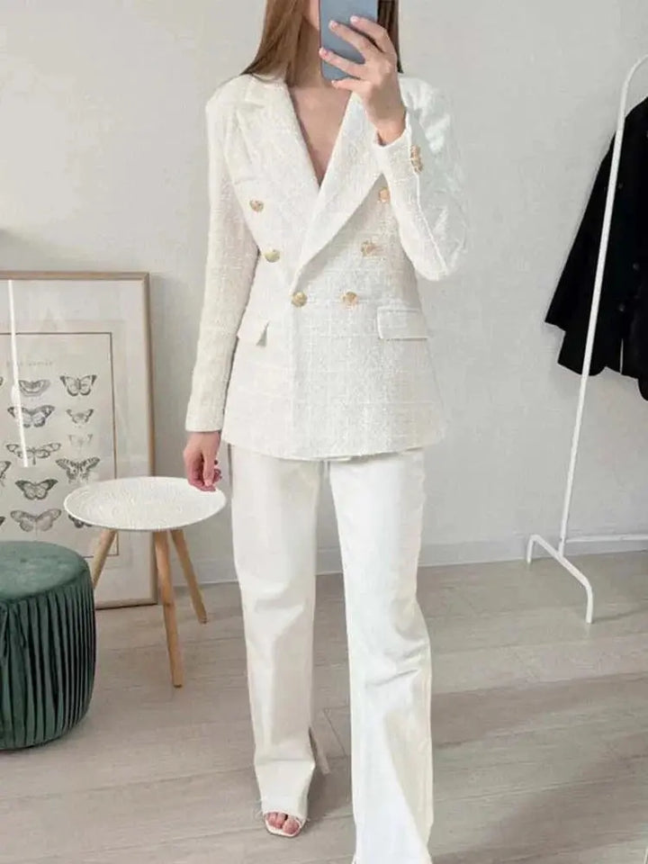 Eleganter Doppelreihiger Tweed Blazer Für Frauen Mivona
