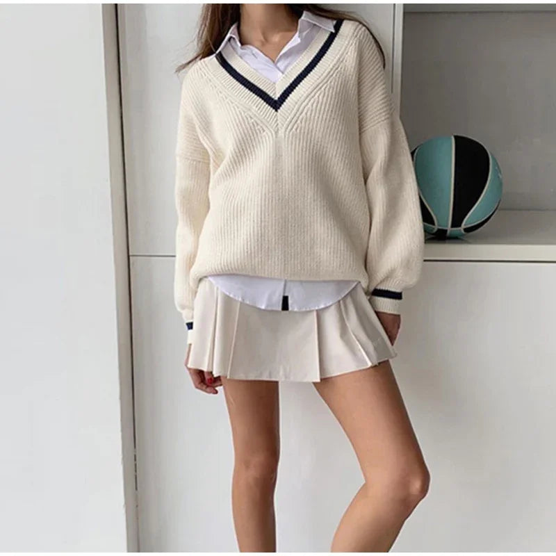 Schicker Weißer V-Ausschnitt-Pullover Mit Langen Ärmeln Für Frauen Mivona