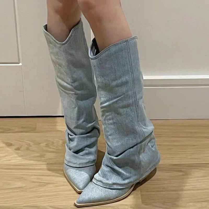 Modische Denim-Kniestiefel mit trendigem Look für Damen Mivona