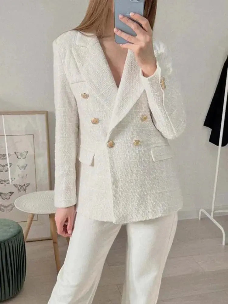 Eleganter Doppelreihiger Tweed Blazer Für Frauen Mivona