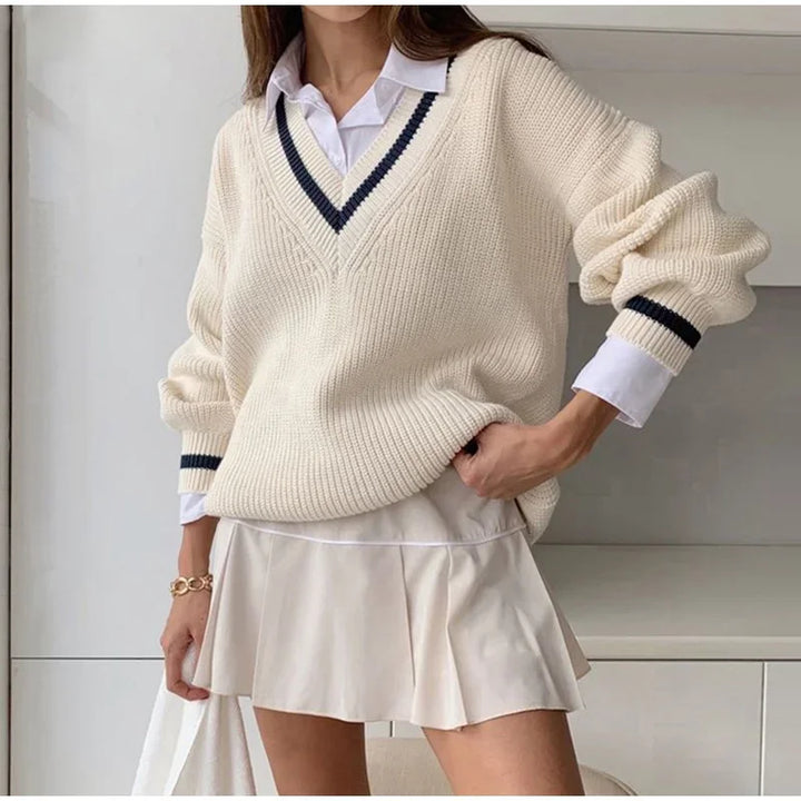 Schicker Weißer V-Ausschnitt-Pullover Mit Langen Ärmeln Für Frauen Mivona