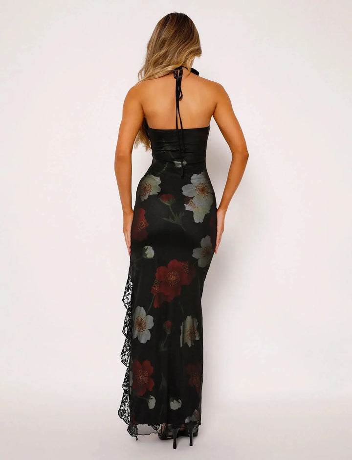 Schwarzes Maxikleid mit Rosenmuster für Frauen Mivona