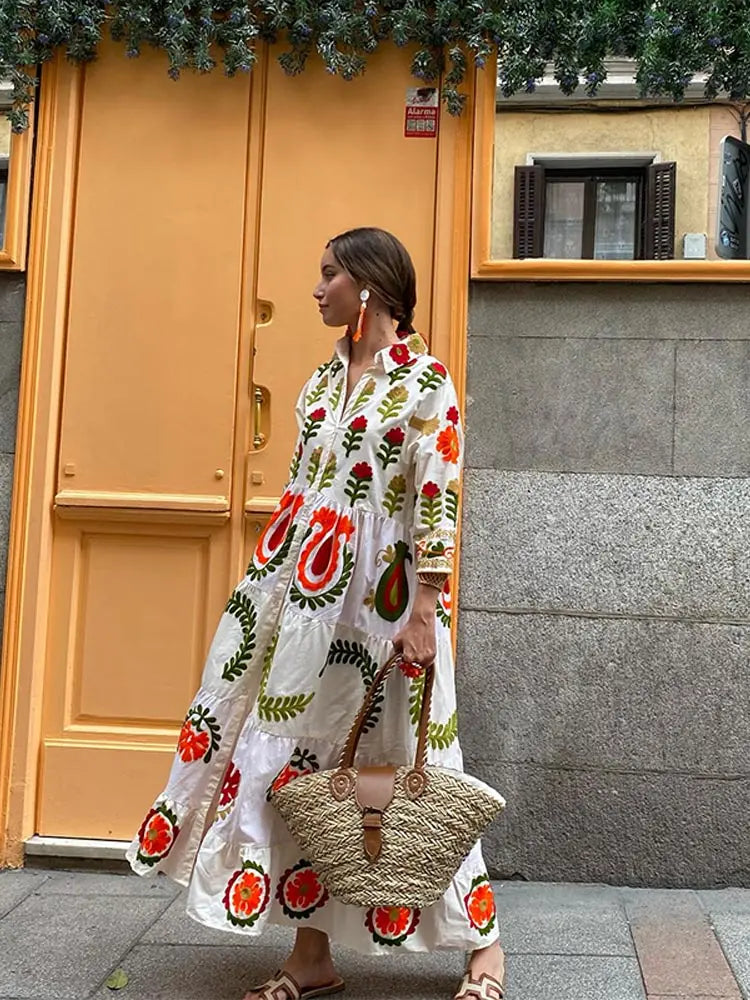 Besticktes Maxikleid im Boho Chic mit weicher Baumwollmischung für Frauen Mivona
