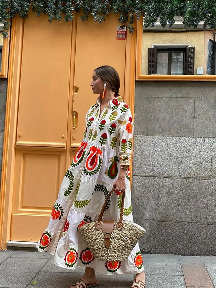 Besticktes Maxikleid im Boho Chic mit weicher Baumwollmischung für Frauen Mivona
