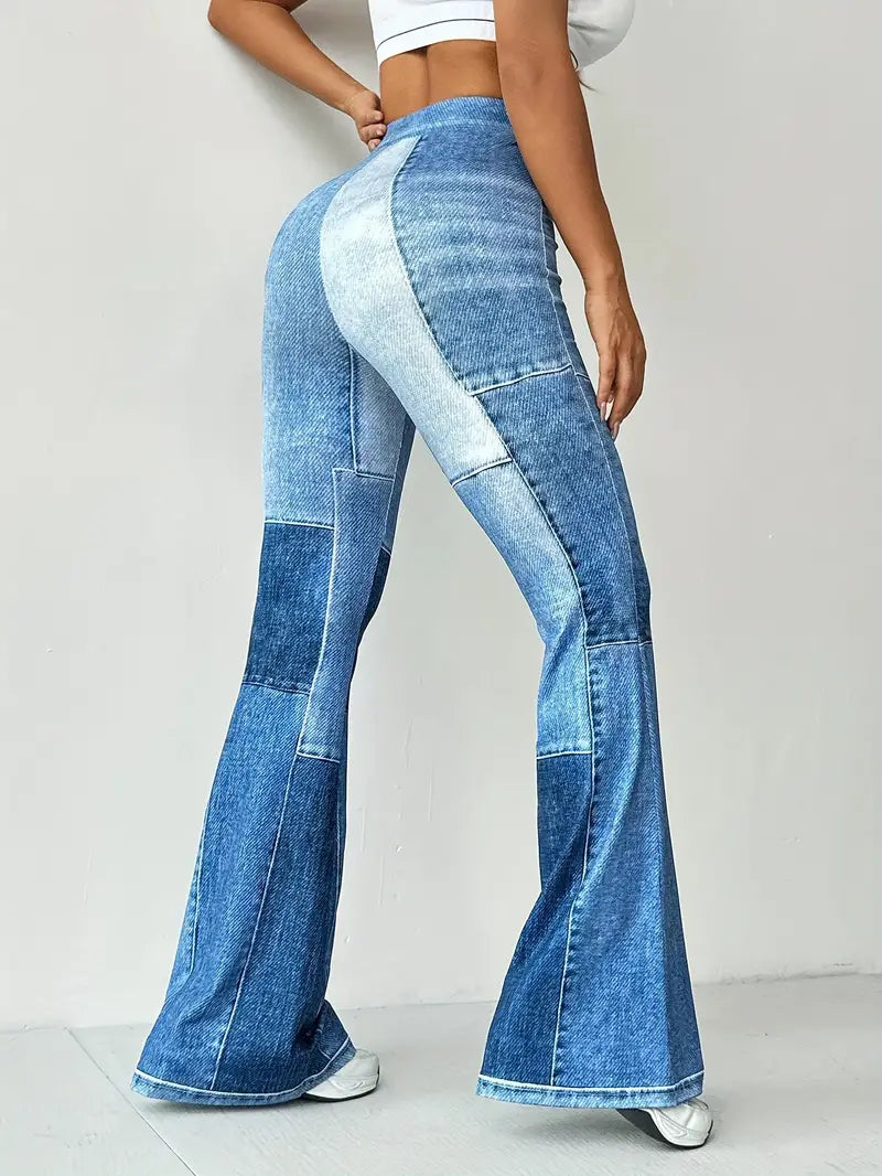 High-Waist Schlaghose mit Denim-Print für Damen