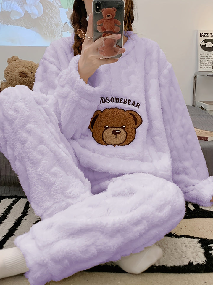 Fleece-Pyjama-Set mit Bärenstickerei Für Frauen