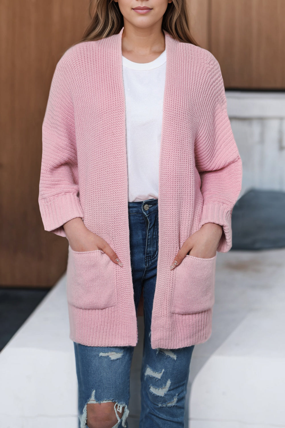 Rosa Oversized-Strickweste mit Wickelärmeln Für Frauen Mivona