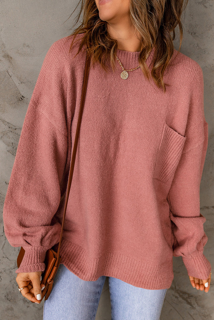 Unifarbener Pullover Mit Puffärmeln Und Taschen Für Frauen Mivona