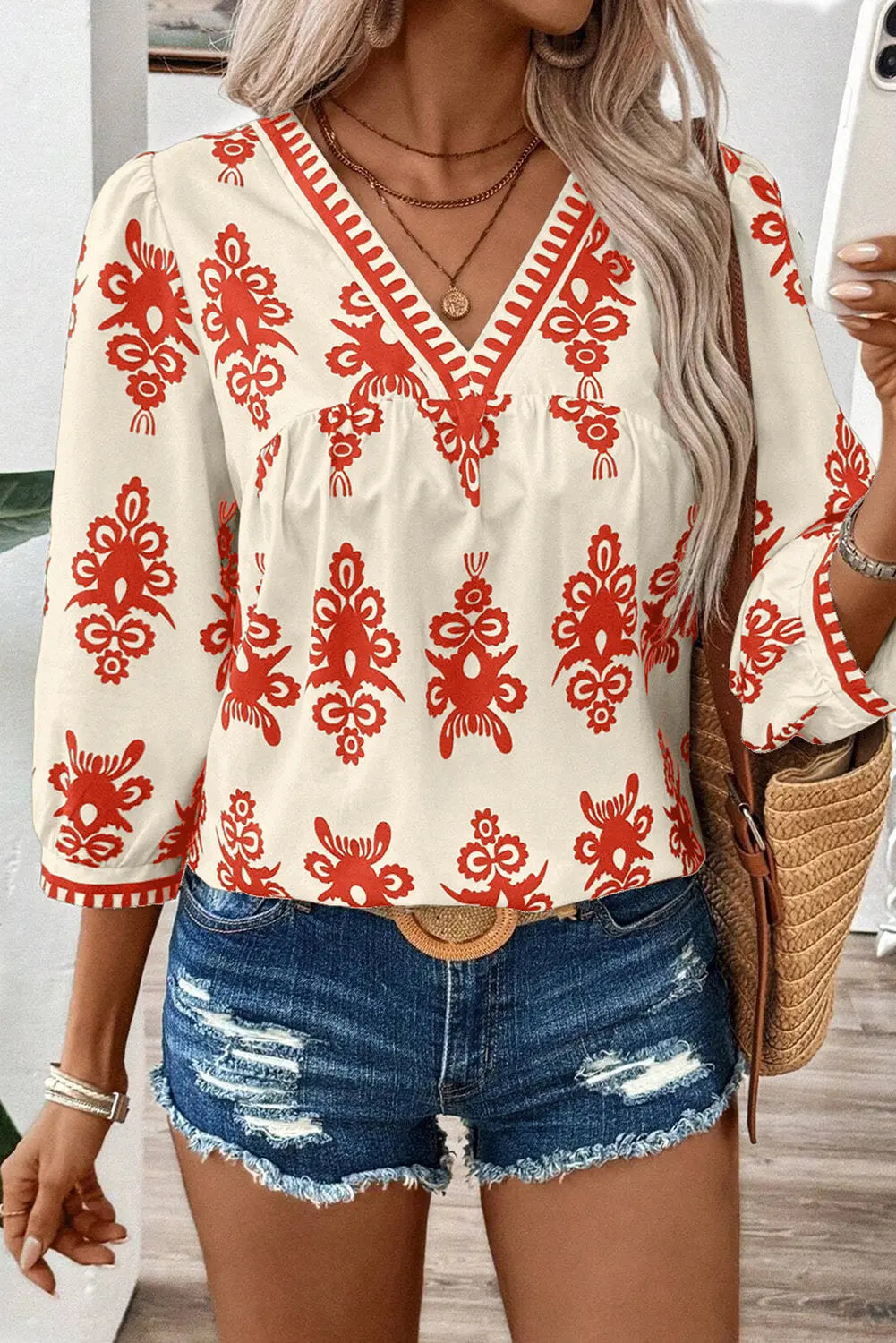 Vintage-Bluse Mit Geometrischem Druck Für Frauen Mivona