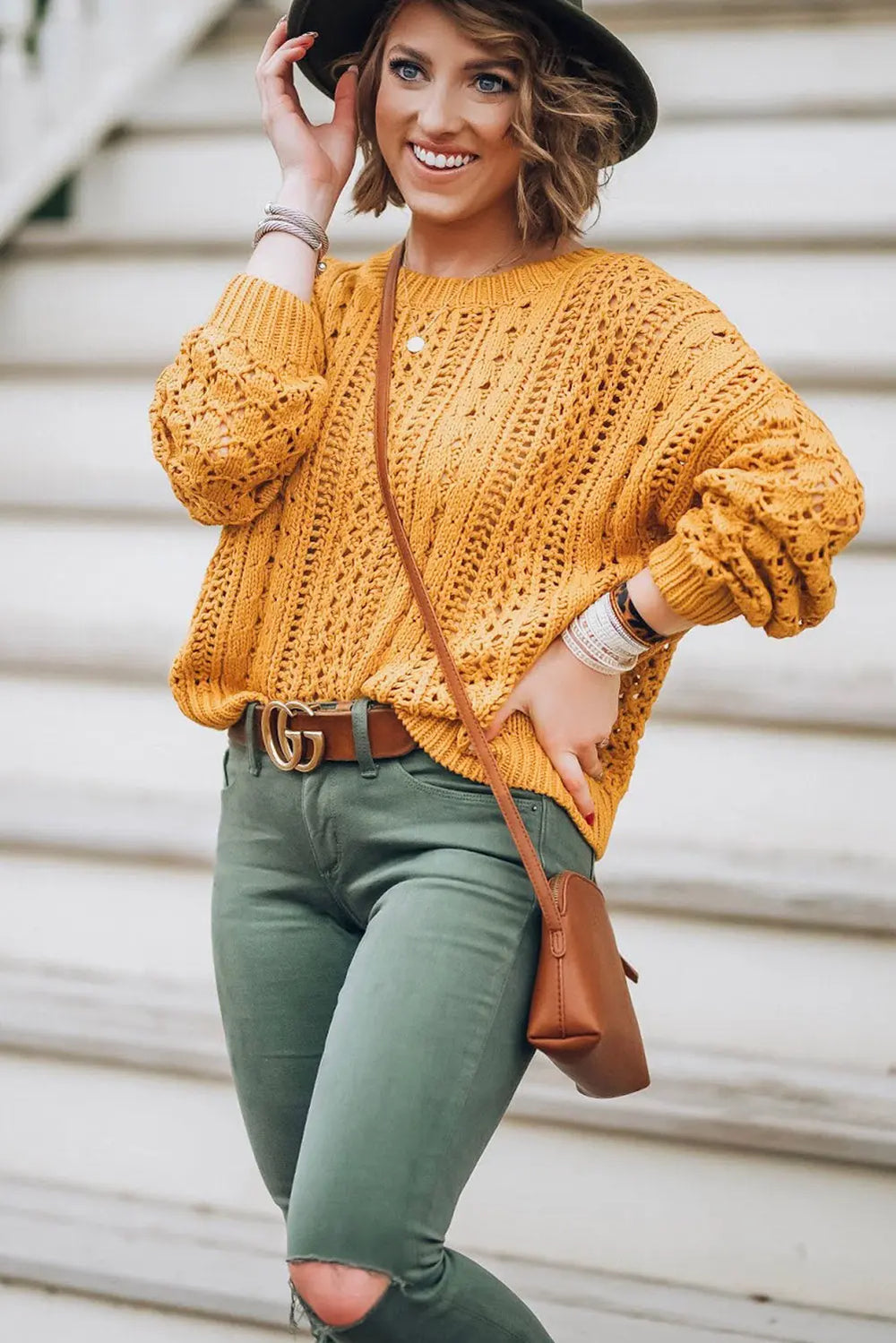 Ingwerfarbener Hohler Zopfmusterpullover Damenmode Für Frauen Mivona