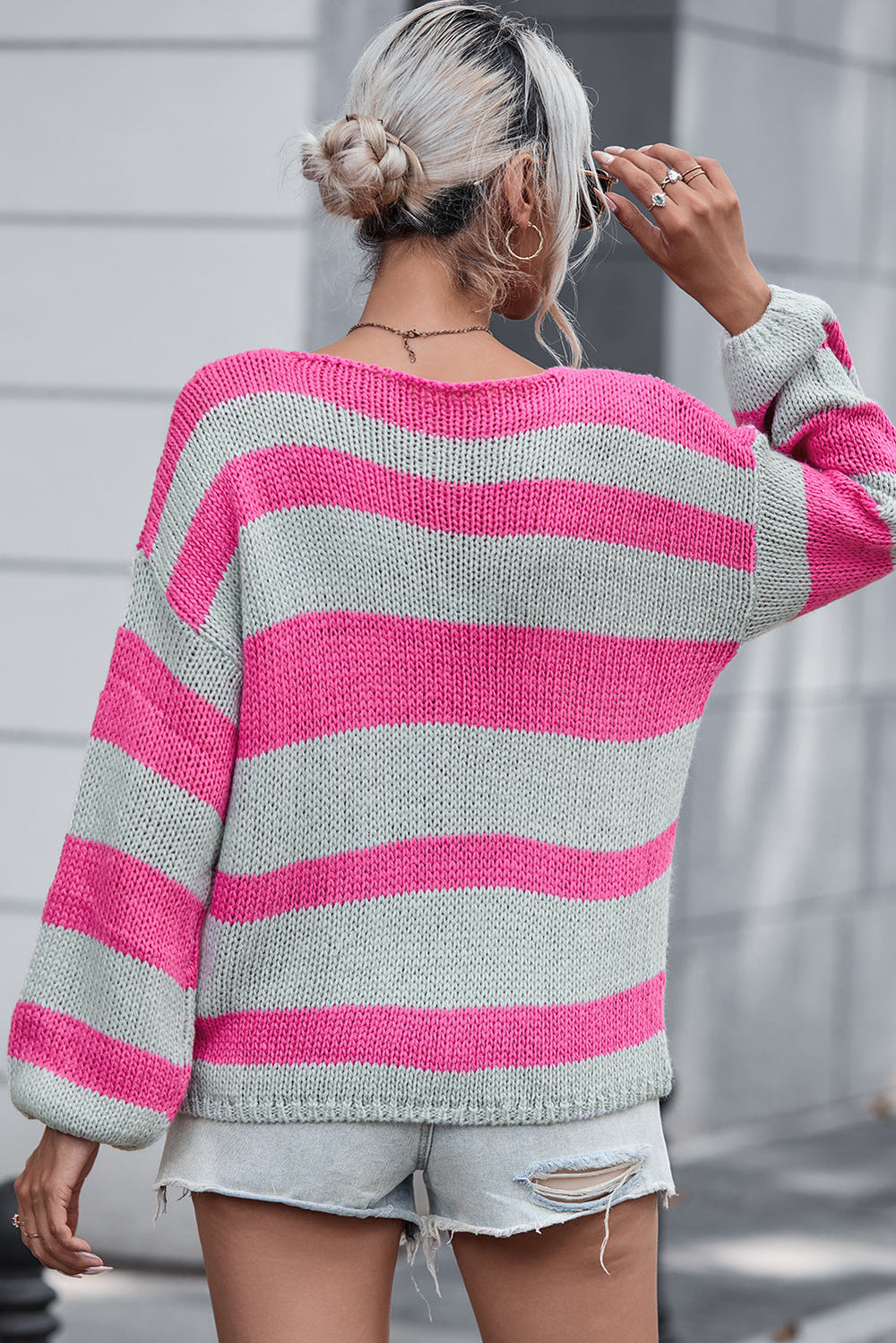 Rosa Strickpullover mit Streifen und V-Ausschnitt Für Frauen Mivona