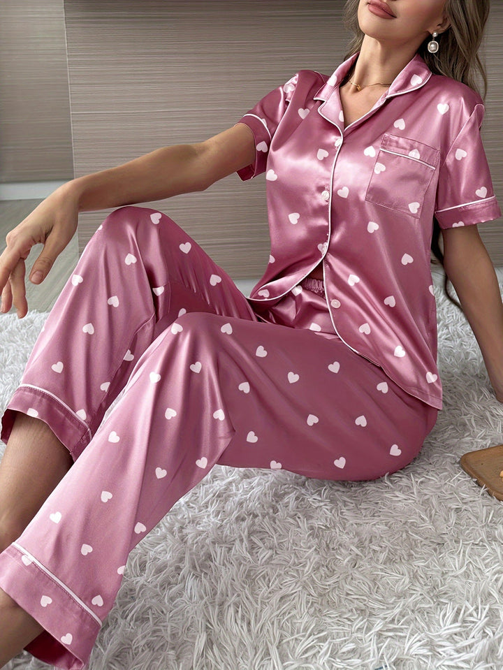 Satinschlafanzug Set mit Kurzarm und Elastischer Hose für Frauen