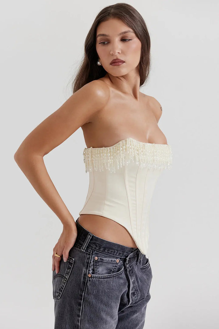 Vintage Crèmefarbenes verziertes Satin Korsett für Frauen Mivona