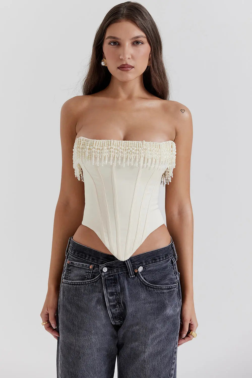 Vintage Crèmefarbenes verziertes Satin Korsett für Frauen Mivona