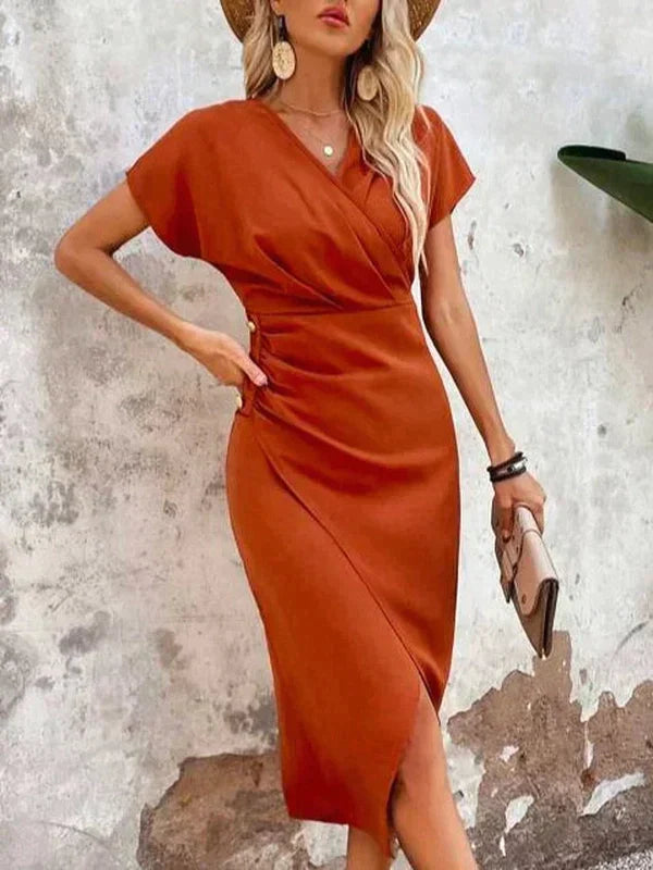 Oranges V-Ausschnitt Midikleid mit Schlitz Für Frauen